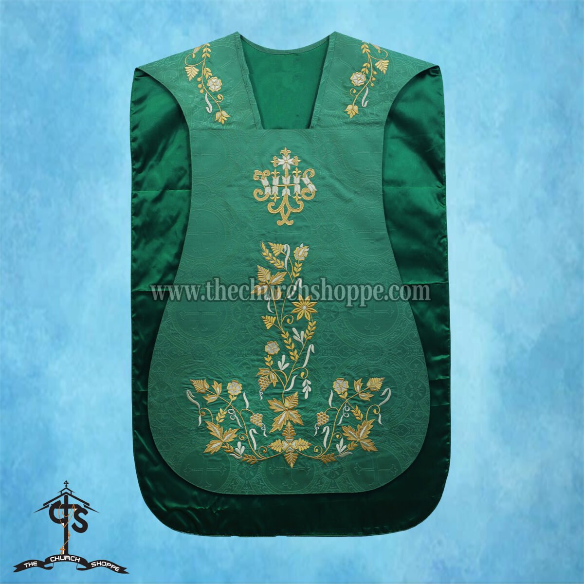 GREEN ROMAN FIDDLEBACK CHASUBLE AND MASS SET WITH IHS EMBROIDERY - Image 3