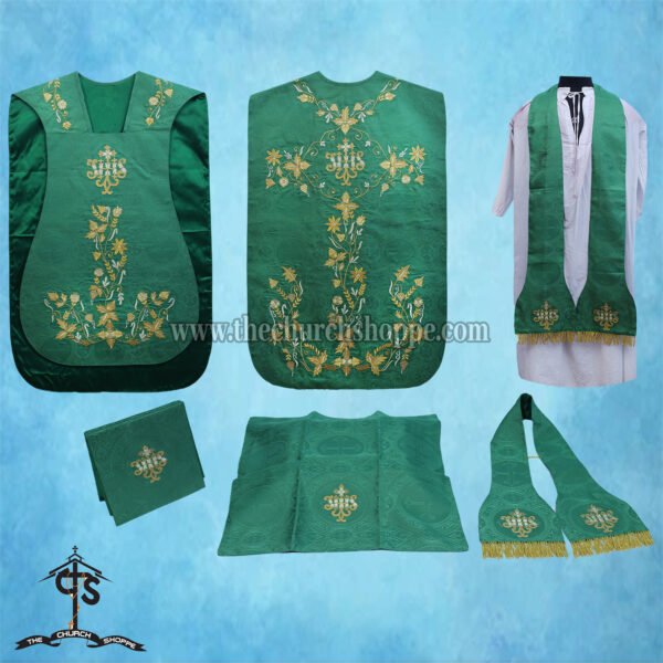 GREEN ROMAN FIDDLEBACK CHASUBLE AND MASS SET WITH IHS EMBROIDERY