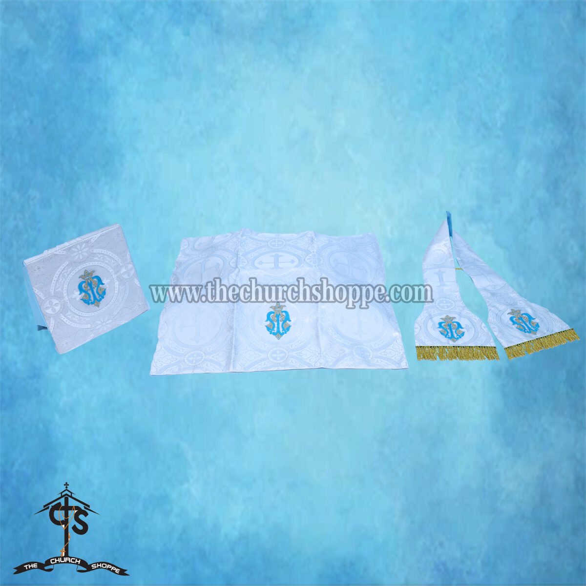 METALLIC SILVER ROMAN FIDDLEBACK CHASUBLE AND MASS SET WITH AM EMBROIDERY - Image 5