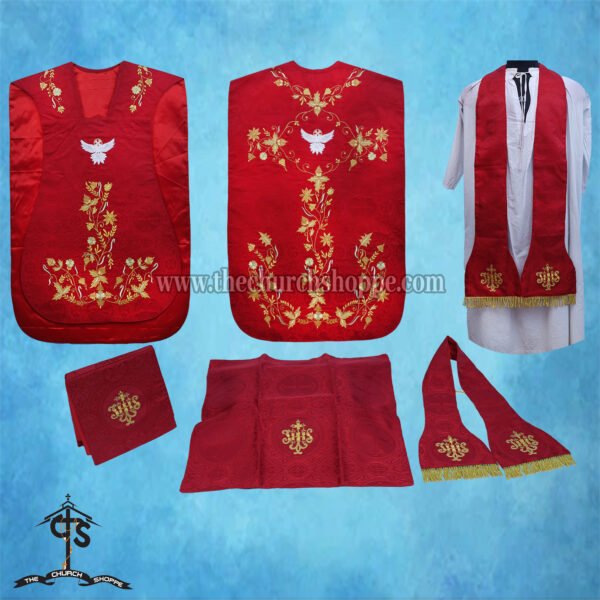 RED ROMAN FIDDLEBACK CHASUBLE AND MASS SET WITH HOLY SPIRIT EMBROIDERY