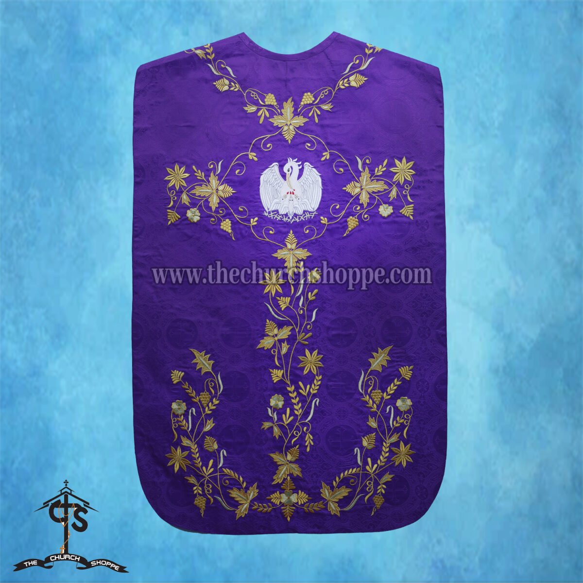VIOLET ROMAN FIDDLEBACK CHASUBLE AND MASS SET WITH PELICAN EMBROIDERY - Image 2