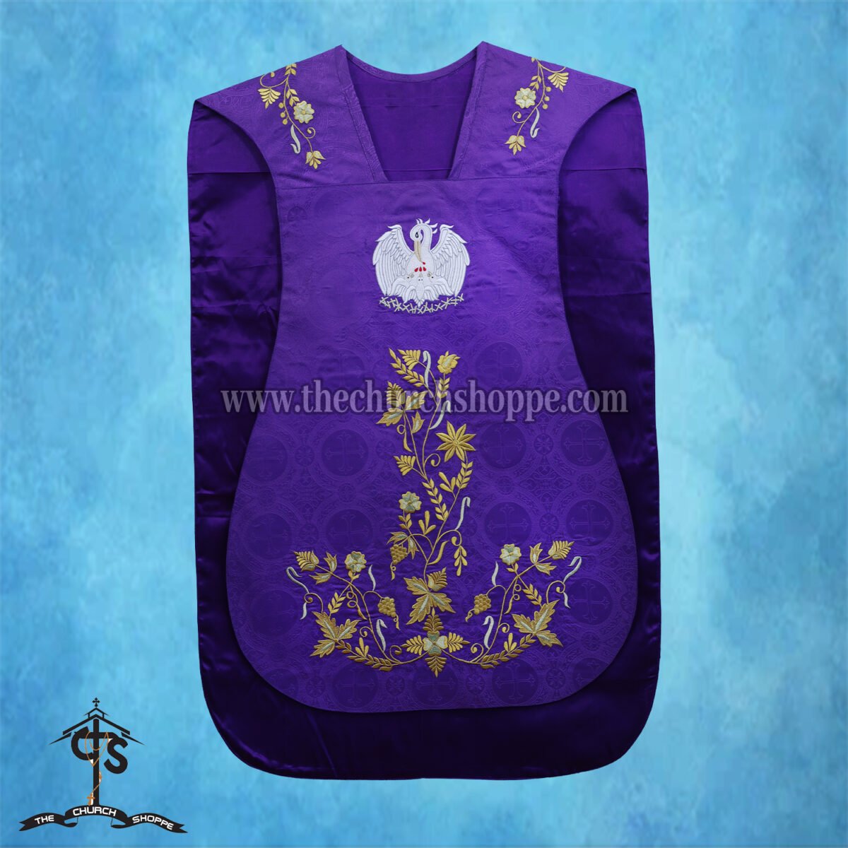 VIOLET ROMAN FIDDLEBACK CHASUBLE AND MASS SET WITH PELICAN EMBROIDERY - Image 3