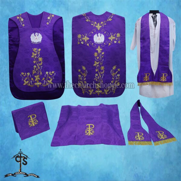 VIOLET ROMAN FIDDLEBACK CHASUBLE AND MASS SET WITH PELICAN EMBROIDERY