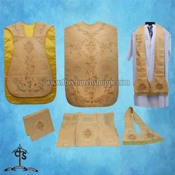 YELLOW ROMAN FIDDLEBACK CHASUBLE AND MASS SET WITH IHS EMBROIDERY