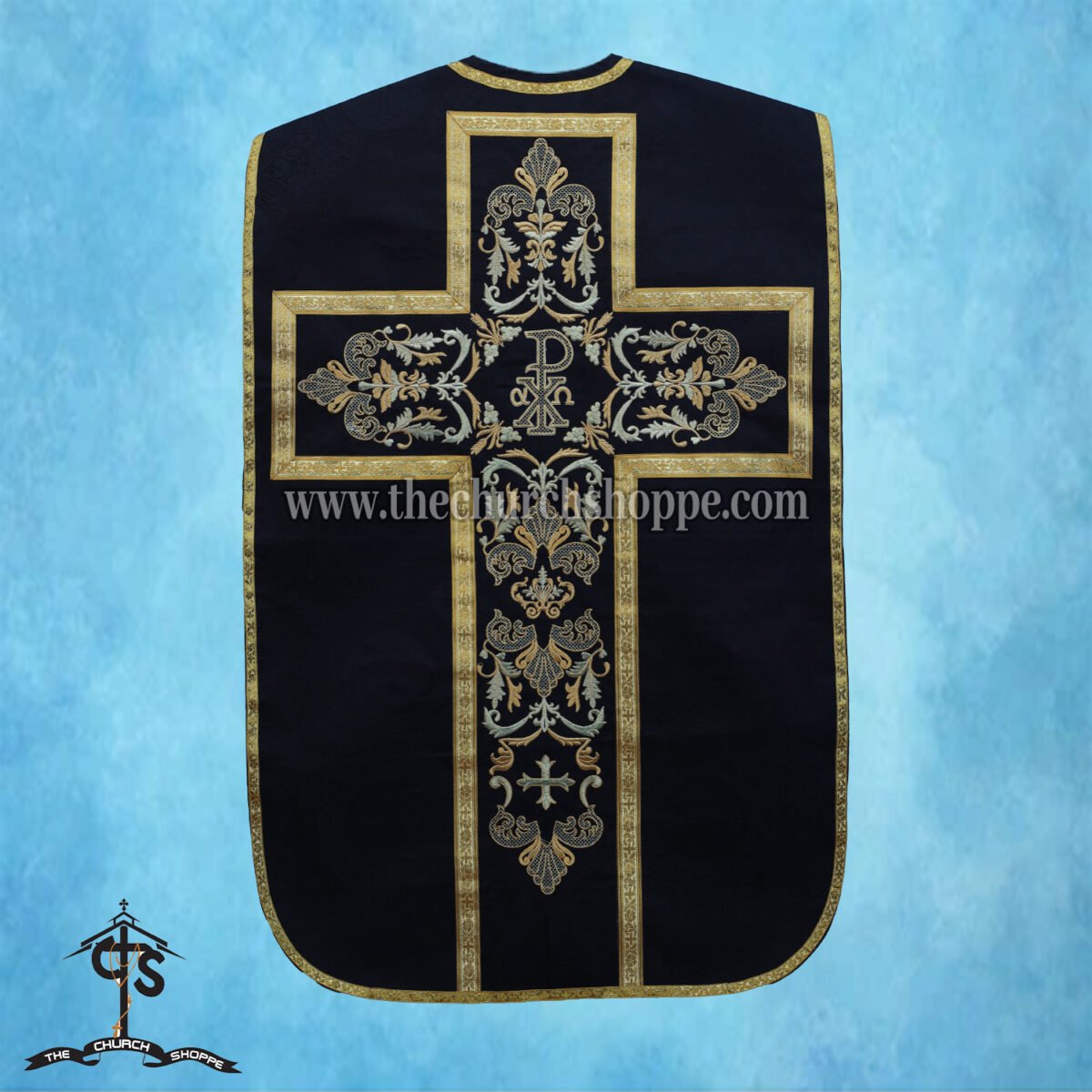 BLACK ROMAN FIDDLEBACK CHASUBLE AND MASS SET WITH PAX EMBROIDERY - Image 2