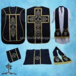 BLACK ROMAN FIDDLEBACK CHASUBLE AND MASS SET WITH PAX EMBROIDERY