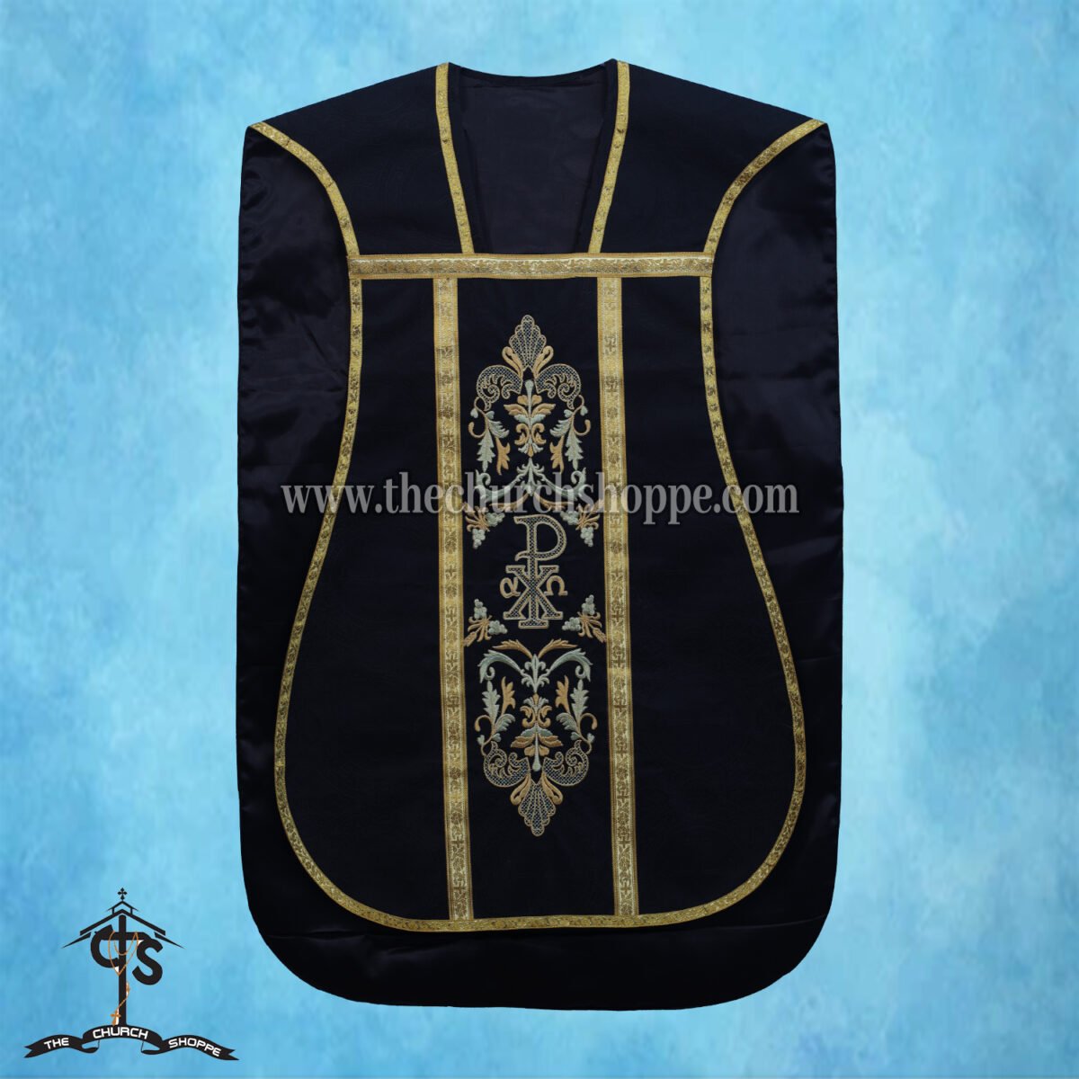 BLACK ROMAN FIDDLEBACK CHASUBLE AND MASS SET WITH PAX EMBROIDERY - Image 3
