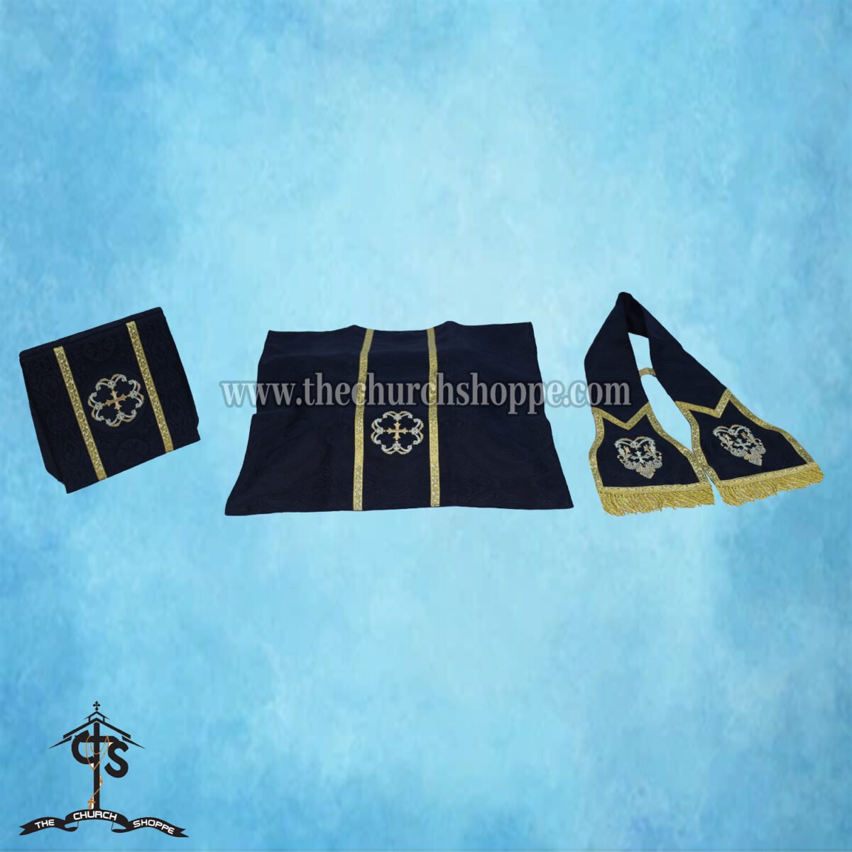 BLACK ROMAN FIDDLEBACK CHASUBLE AND MASS SET WITH PAX EMBROIDERY - Image 5