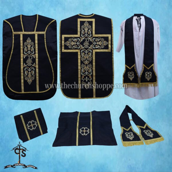 BLACK ROMAN FIDDLEBACK CHASUBLE AND MASS SET WITH PAX EMBROIDERY