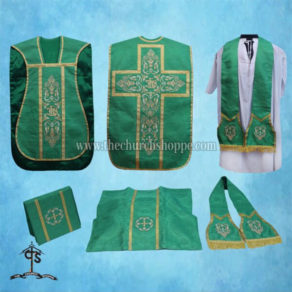 GREEN ROMAN FIDDLEBACK CHASUBLE AND MASS SET WITH IHS EMBROIDERY