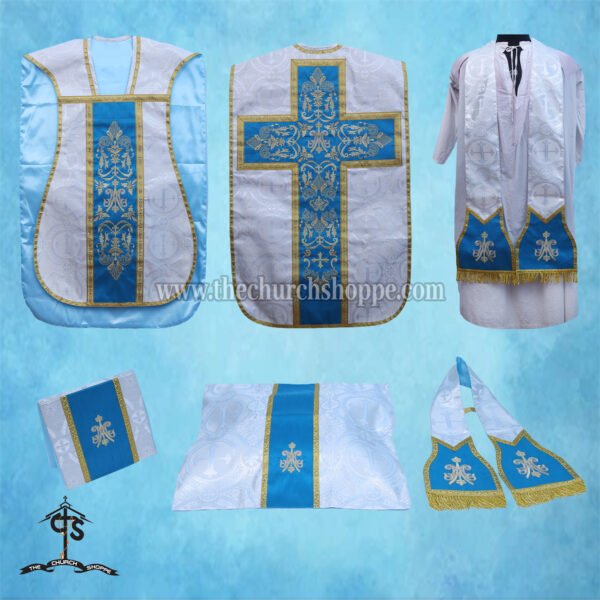 METALLIC SILVER ROMAN FIDDLEBACK CHASUBLE AND MASS SET WITH AM EMBROIDERY