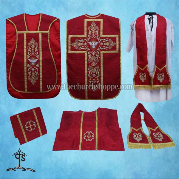 RED ROMAN FIDDLEBACK CHASUBLE AND MASS SET WITH HOLY SPIRIT EMBROIDERY