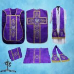 VIOLET ROMAN FIDDLEBACK CHASUBLE AND MASS SET WITH PELICAN EMBROIDERY