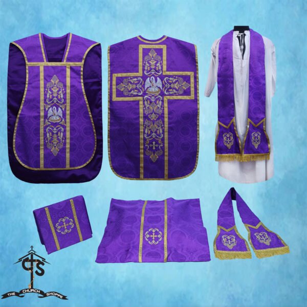 VIOLET ROMAN FIDDLEBACK CHASUBLE AND MASS SET WITH PELICAN EMBROIDERY