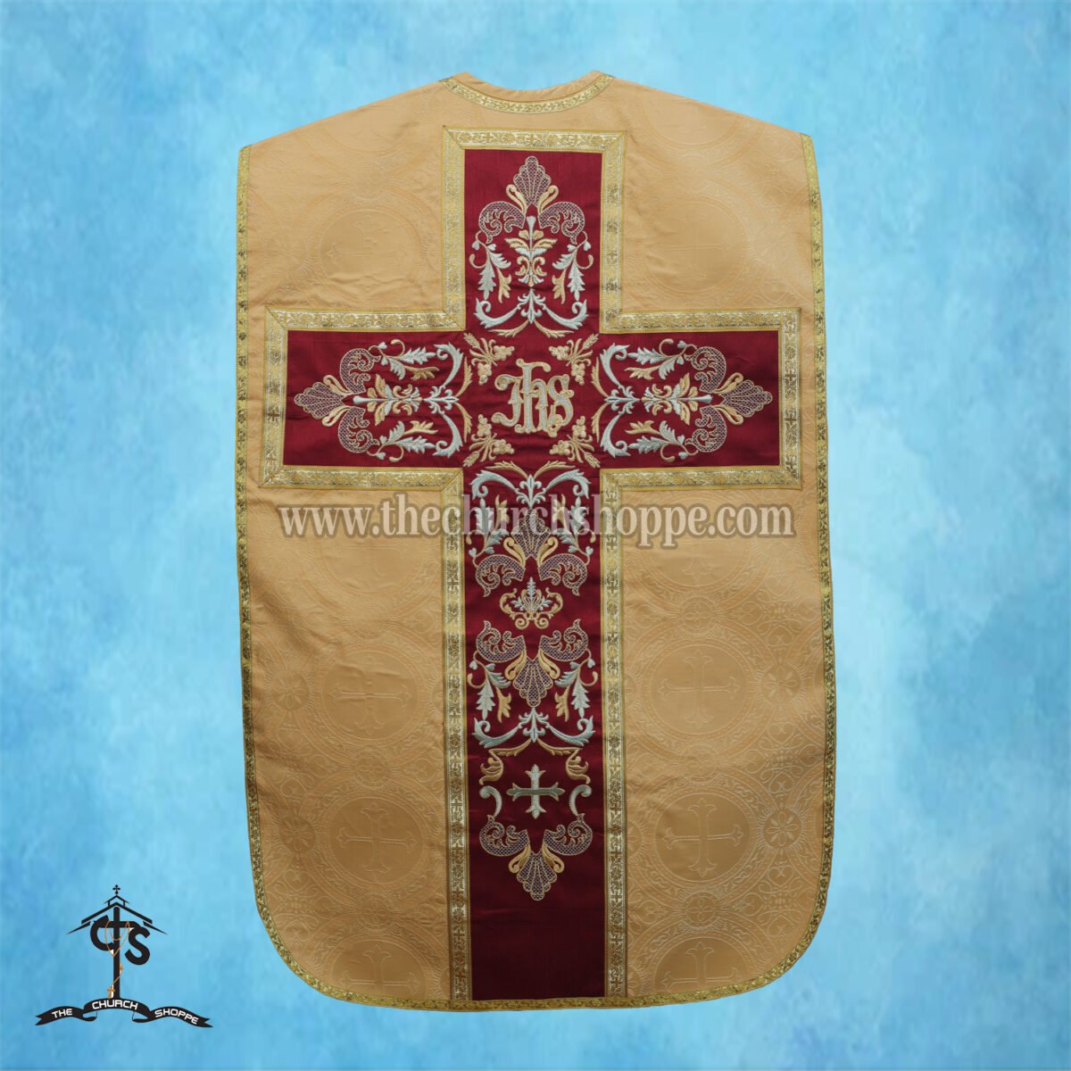 YELLOW ROMAN FIDDLEBACK CHASUBLE AND MASS SET WITH IHS EMBROIDERY - Image 2