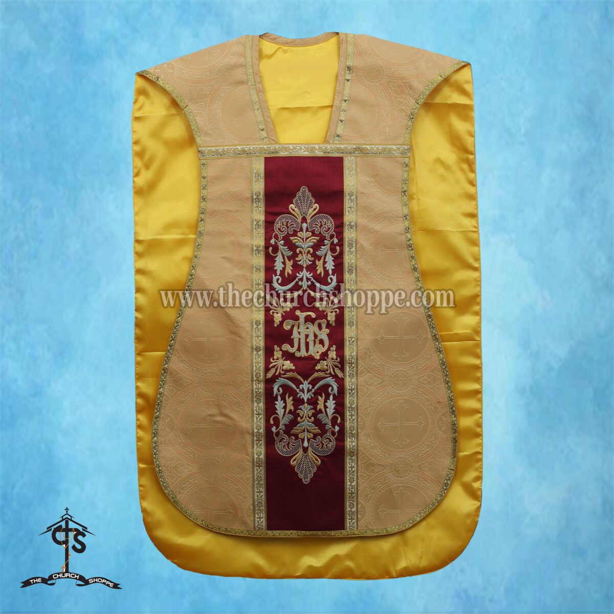 YELLOW ROMAN FIDDLEBACK CHASUBLE AND MASS SET WITH IHS EMBROIDERY - Image 3