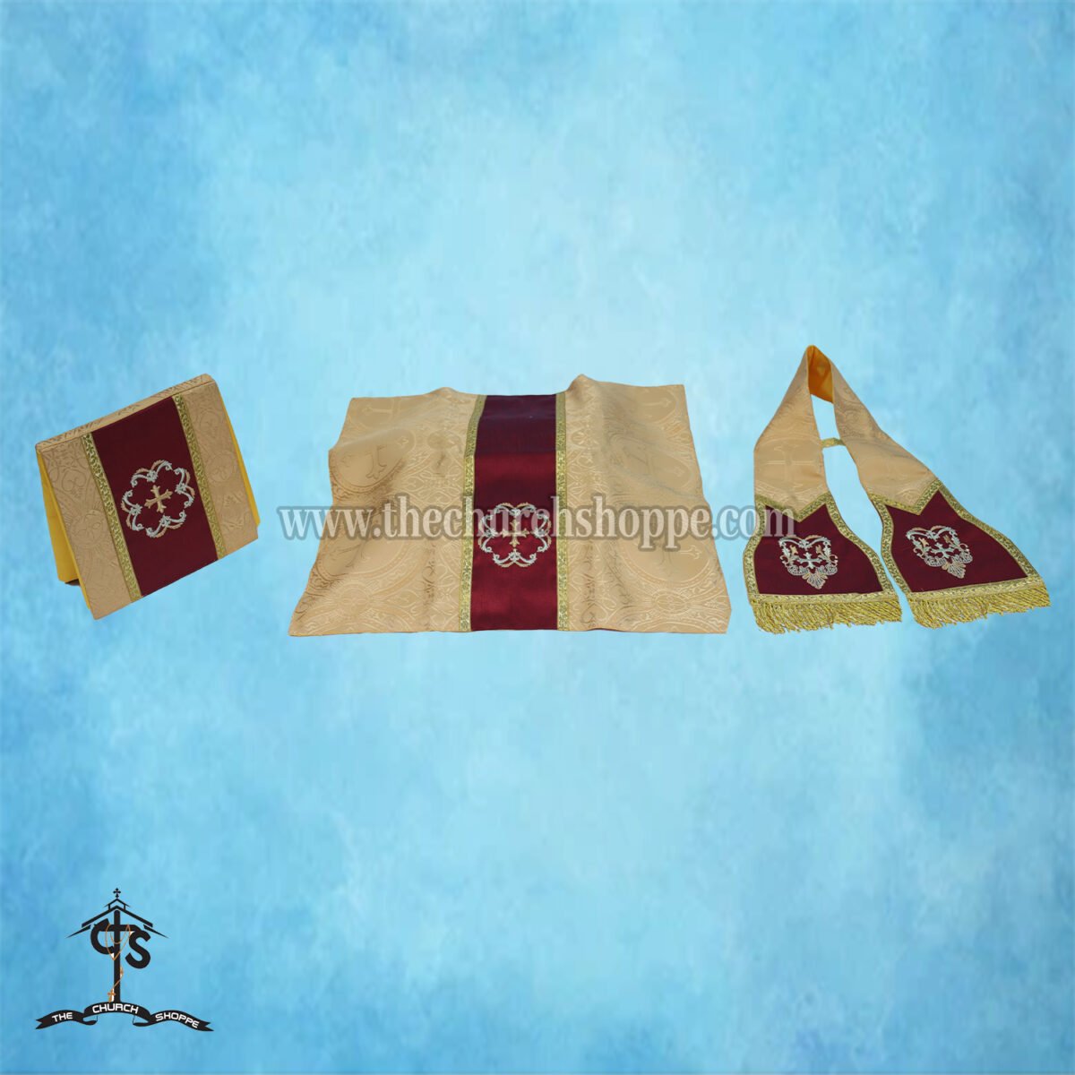 YELLOW ROMAN FIDDLEBACK CHASUBLE AND MASS SET WITH IHS EMBROIDERY - Image 5