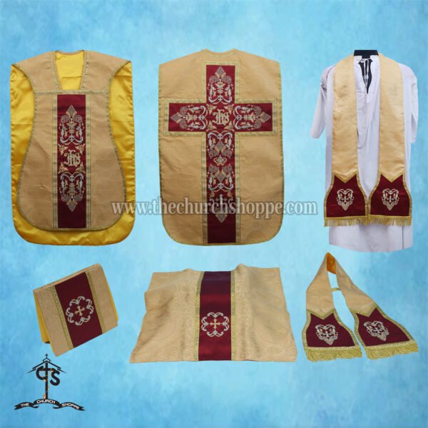 YELLOW ROMAN FIDDLEBACK CHASUBLE AND MASS SET WITH IHS EMBROIDERY