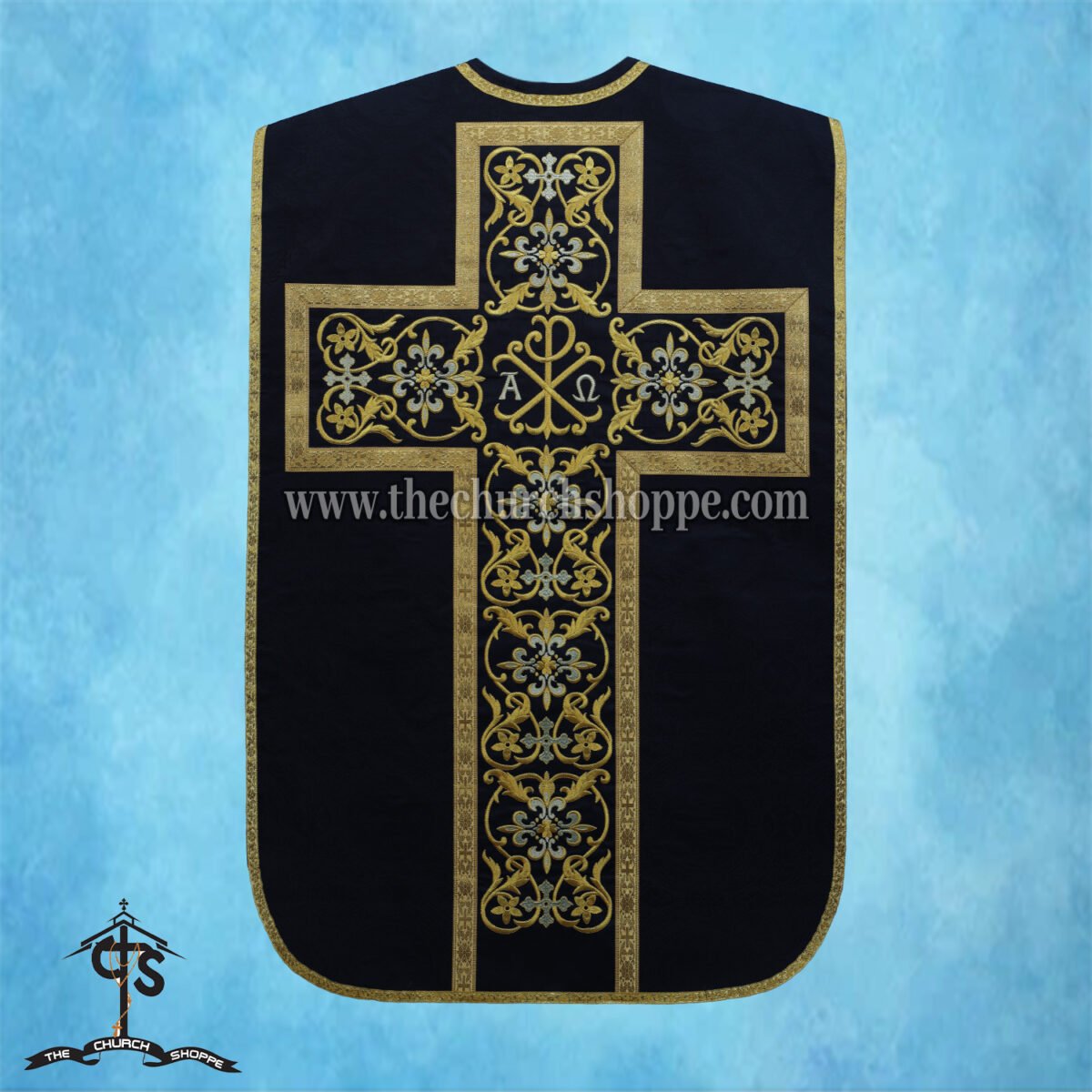 BLACK ROMAN FIDDLEBACK CHASUBLE AND MASS SET WITH PAX EMBROIDERY - Image 2