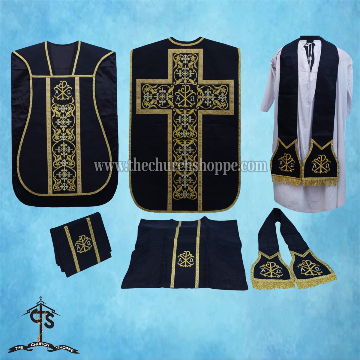 BLACK ROMAN FIDDLEBACK CHASUBLE AND MASS SET WITH PAX EMBROIDERY - Image 1