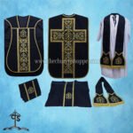 BLACK ROMAN FIDDLEBACK CHASUBLE AND MASS SET WITH PAX EMBROIDERY
