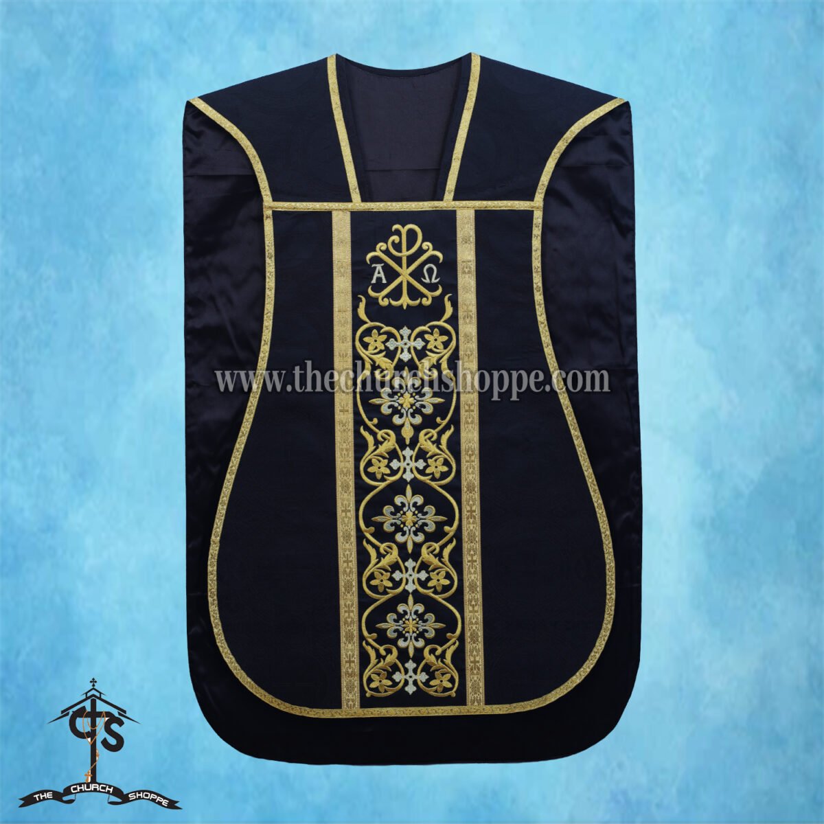 BLACK ROMAN FIDDLEBACK CHASUBLE AND MASS SET WITH PAX EMBROIDERY - Image 3