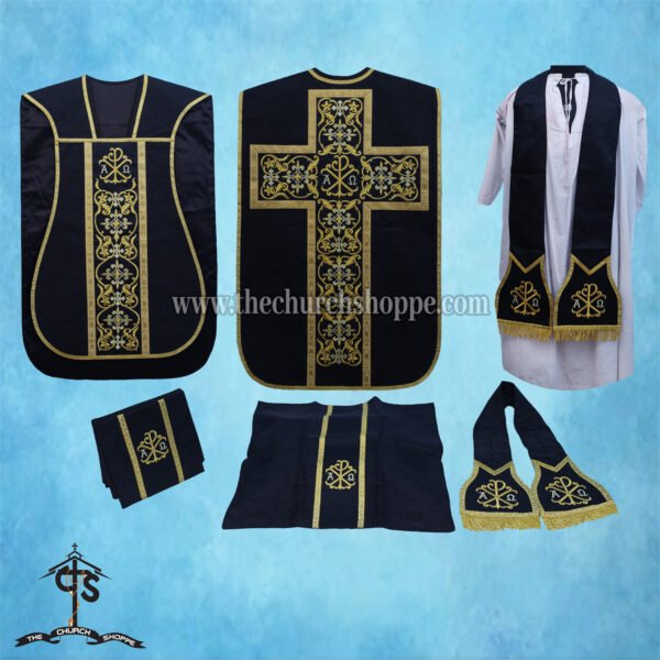 BLACK ROMAN FIDDLEBACK CHASUBLE AND MASS SET WITH PAX EMBROIDERY