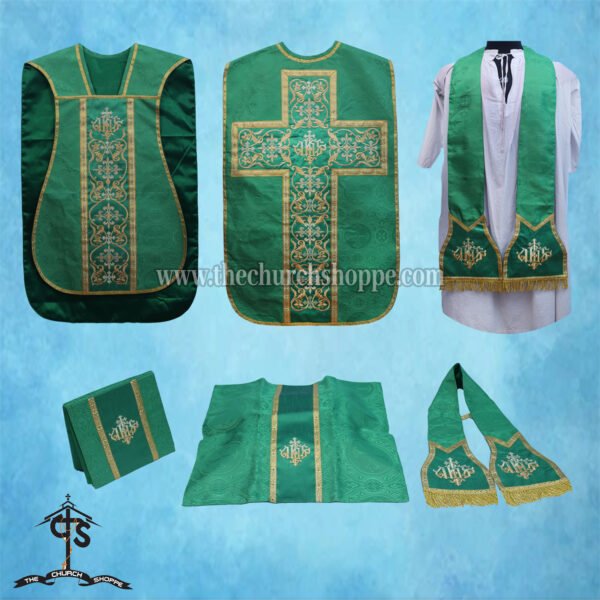 GREEN ROMAN FIDDLEBACK CHASUBLE AND MASS SET WITH IHS EMBROIDERY