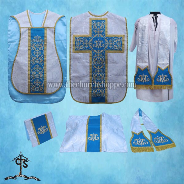METALLIC SILVER ROMAN FIDDLEBACK CHASUBLE AND MASS SET WITH AM EMBROIDERY
