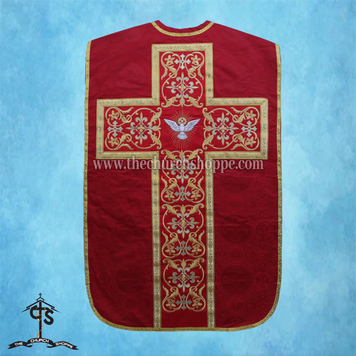 RED ROMAN FIDDLEBACK CHASUBLE AND MASS SET WITH HOLY SPIRIT EMBROIDERY - Image 2
