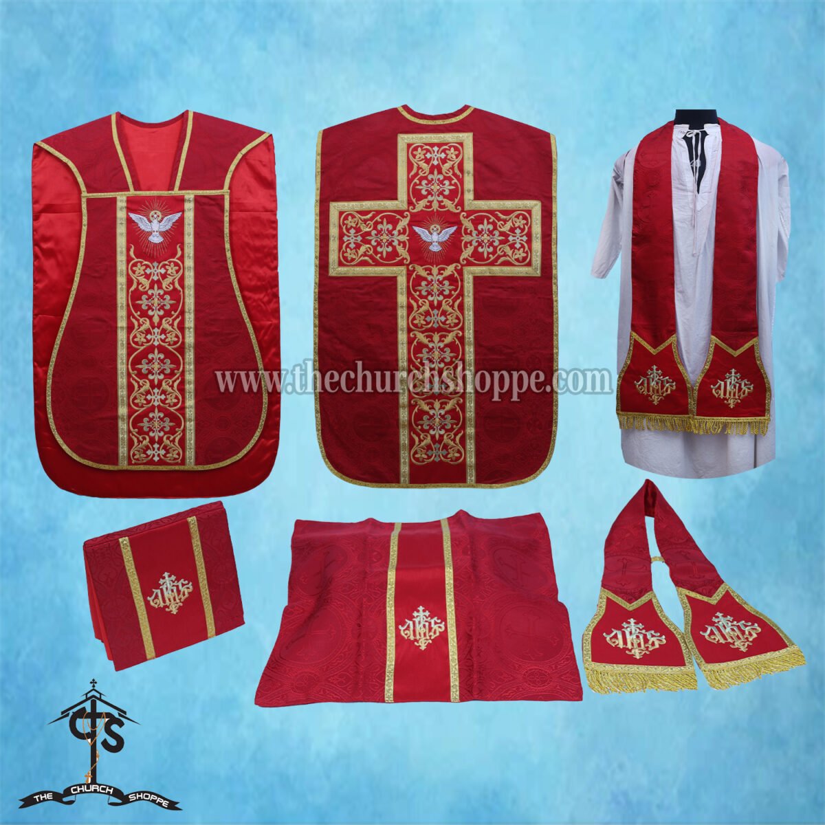 RED ROMAN FIDDLEBACK CHASUBLE AND MASS SET WITH HOLY SPIRIT EMBROIDERY - Image 1