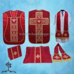 RED ROMAN FIDDLEBACK CHASUBLE AND MASS SET WITH HOLY SPIRIT EMBROIDERY