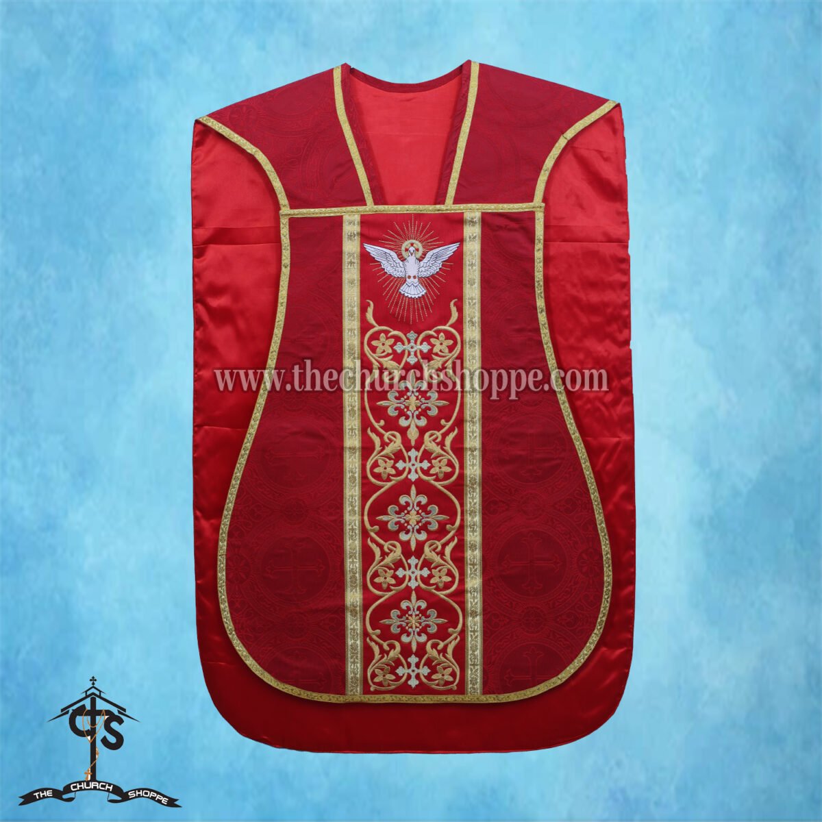 RED ROMAN FIDDLEBACK CHASUBLE AND MASS SET WITH HOLY SPIRIT EMBROIDERY - Image 3