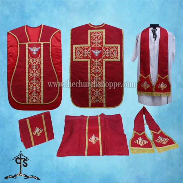 RED ROMAN FIDDLEBACK CHASUBLE AND MASS SET WITH HOLY SPIRIT EMBROIDERY