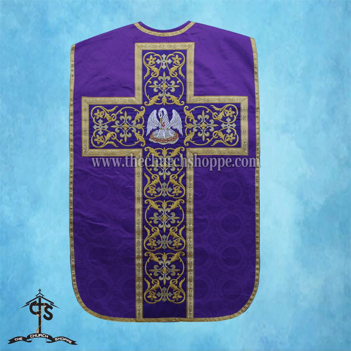 VIOLET ROMAN FIDDLEBACK CHASUBLE AND MASS SET WITH PELICAN EMBROIDERY - Image 2