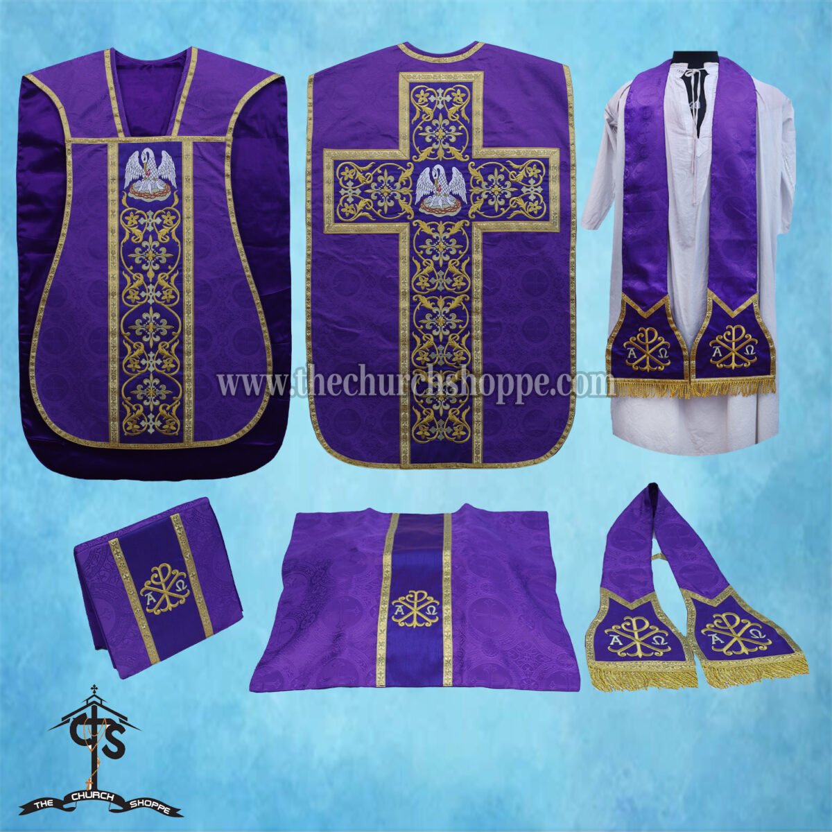 VIOLET ROMAN FIDDLEBACK CHASUBLE AND MASS SET WITH PELICAN EMBROIDERY - Image 1