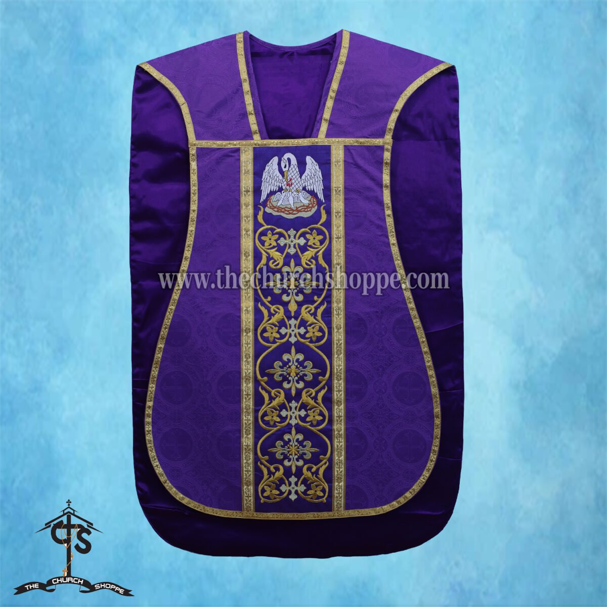 VIOLET ROMAN FIDDLEBACK CHASUBLE AND MASS SET WITH PELICAN EMBROIDERY - Image 3