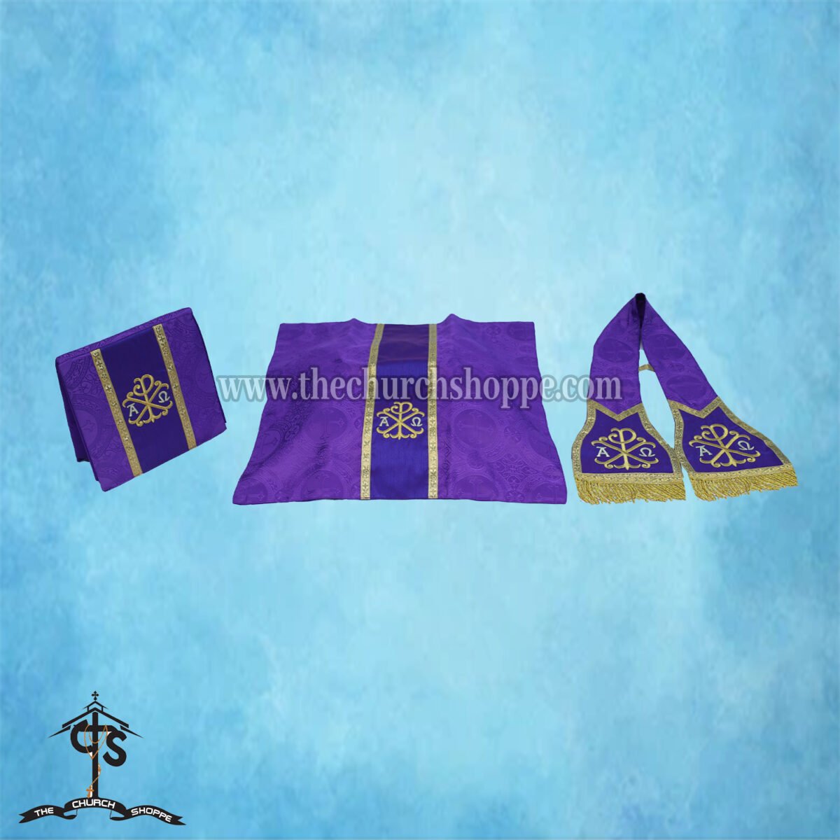 VIOLET ROMAN FIDDLEBACK CHASUBLE AND MASS SET WITH PELICAN EMBROIDERY - Image 5