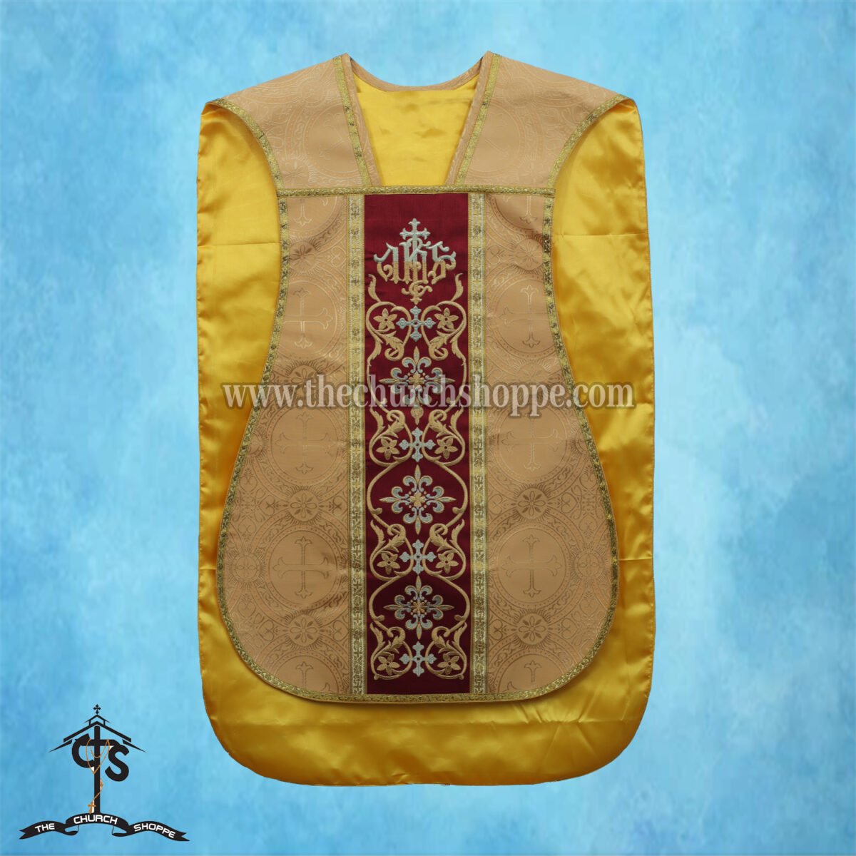 YELLOW ROMAN FIDDLEBACK CHASUBLE AND MASS SET WITH IHS EMBROIDERY - Image 3