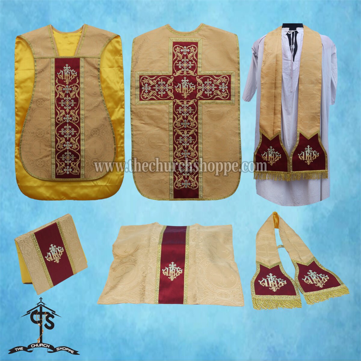 YELLOW ROMAN FIDDLEBACK CHASUBLE AND MASS SET WITH IHS EMBROIDERY - Image 1