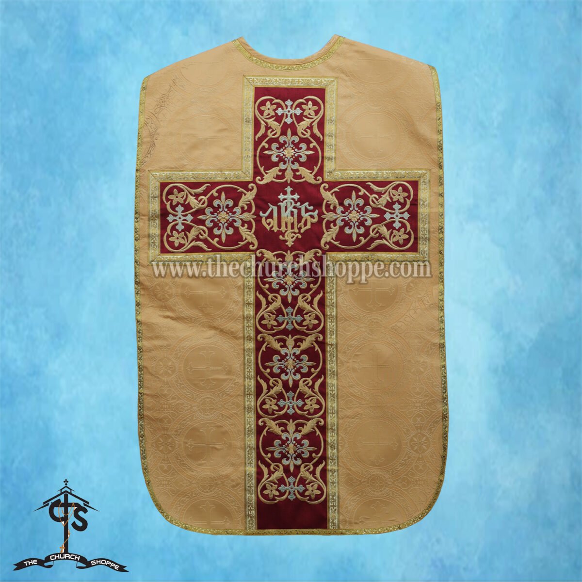YELLOW ROMAN FIDDLEBACK CHASUBLE AND MASS SET WITH IHS EMBROIDERY - Image 2