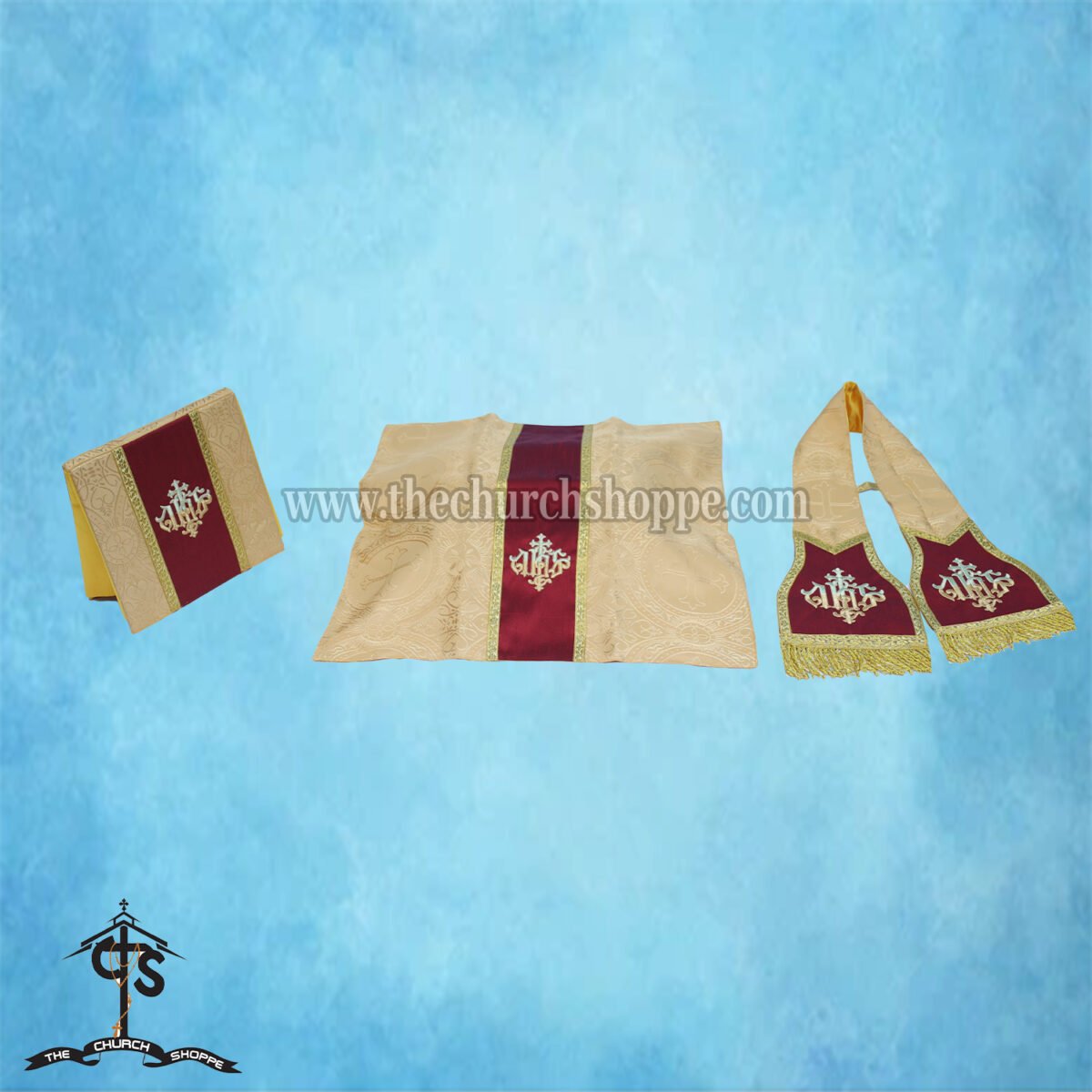 YELLOW ROMAN FIDDLEBACK CHASUBLE AND MASS SET WITH IHS EMBROIDERY - Image 5
