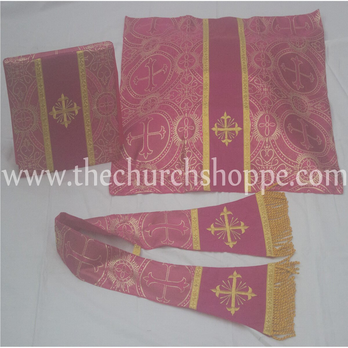 METALLIC DARK ROSE ST. PHILIP NERI VESTMENT AND MASS SET WITH IHS EMBROIDERY - Image 4