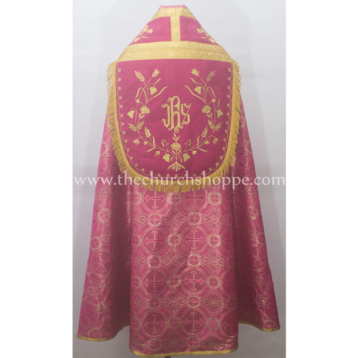METALLIC DARK ROSE ROMAN COPE AND STOLE SET WITH IHS EMBROIDERY - Image 1