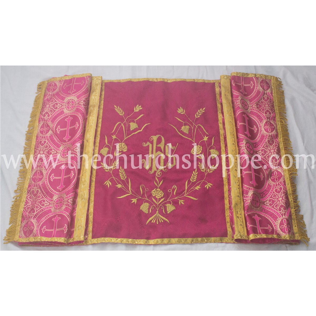 METALLIC DARK ROSE HUMERAL VEIL WITH IHS EMBROIDERY - Image 3