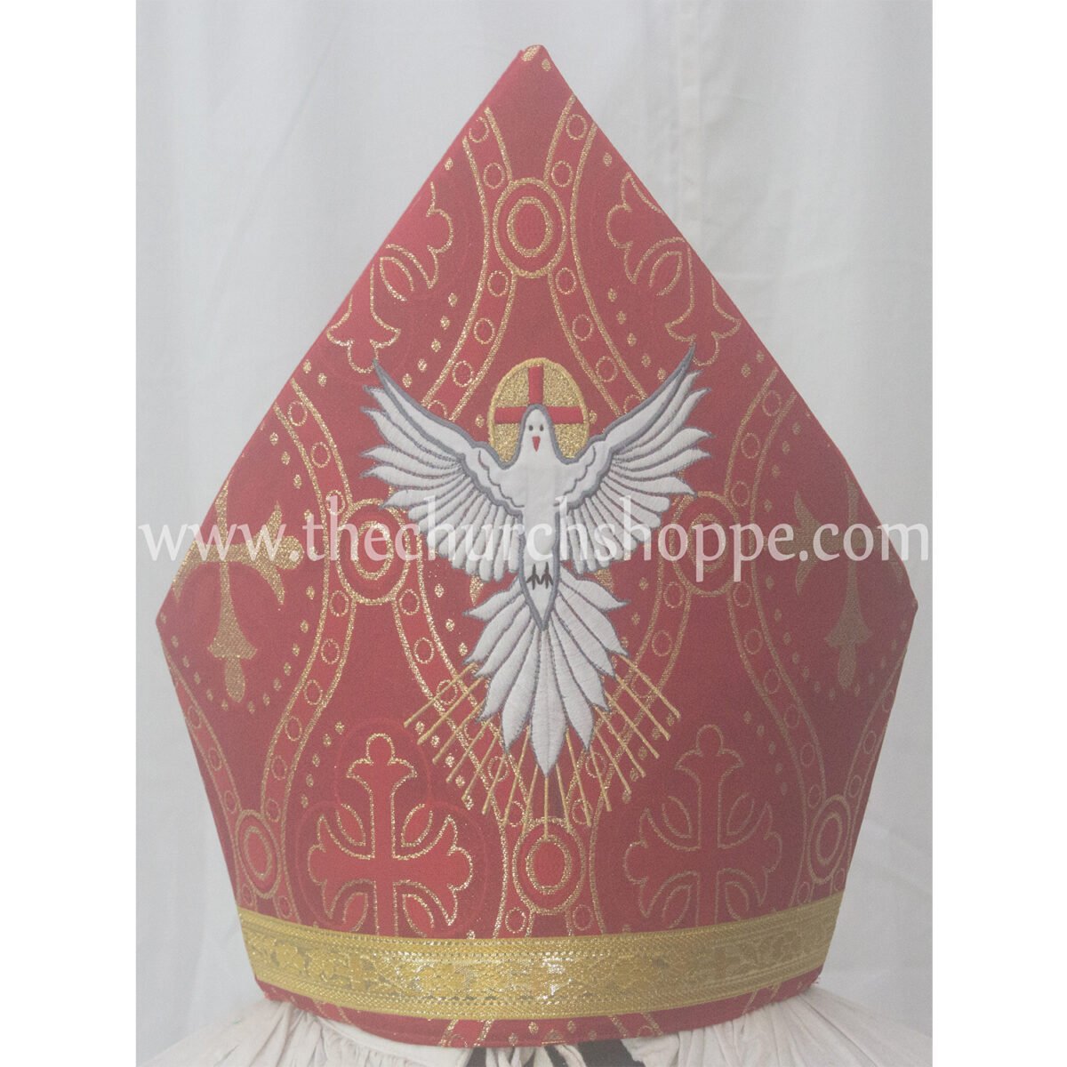METALLIC RED MITRE WITH HOLY SPIRIT EMBROIDERY - Image 1