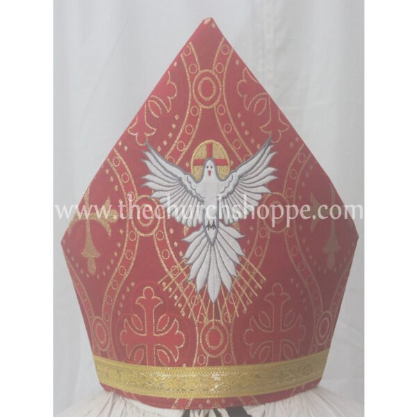 METALLIC RED MITRE WITH HOLY SPIRIT EMBROIDERY