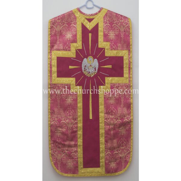 METALLIC DARK ROSE ROMAN FIDDLEBACK CHASUBLE AND MASS SET WITH PELICAN EMBROIDERY