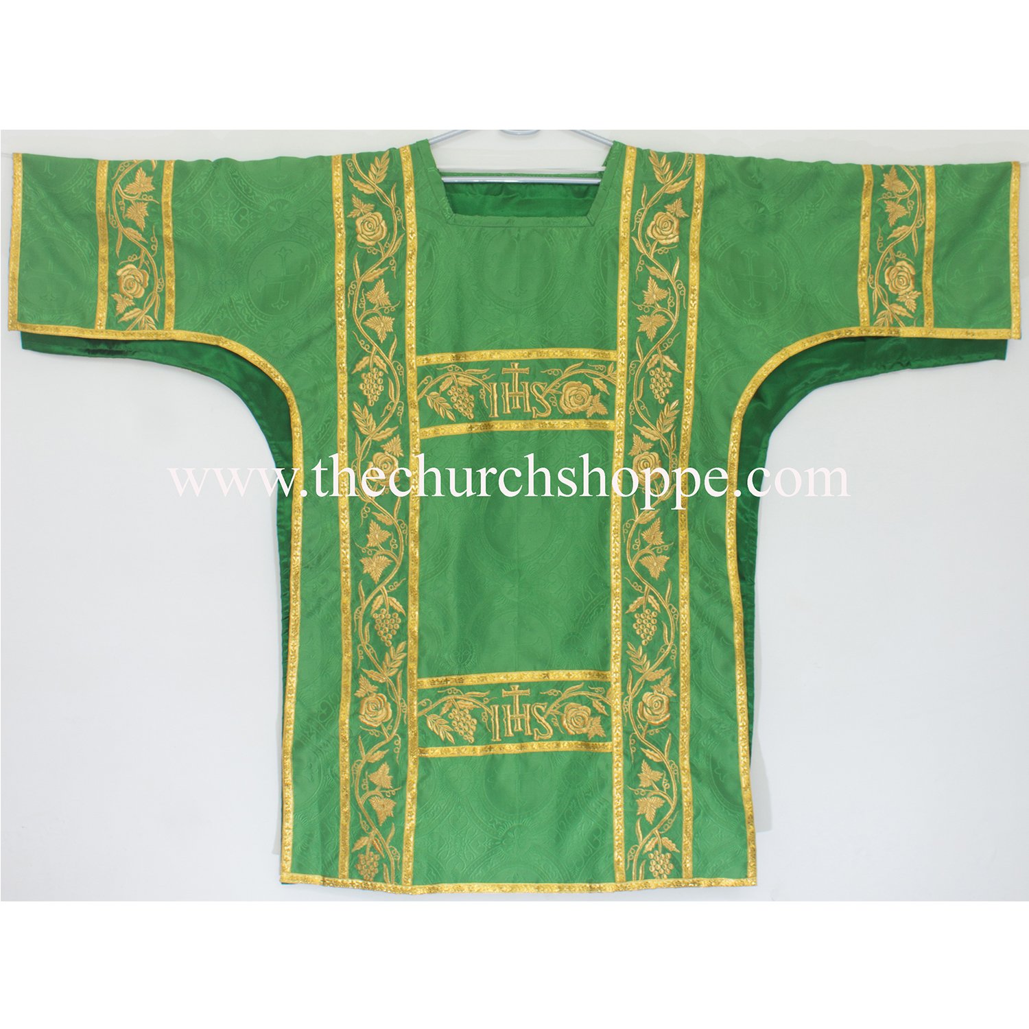 DVS_M8_F1G_IHS_S GREEN ROMAN DALMATIC VESTMENT WITH DEACON’S STOLE AND MANIPLE - Image 1