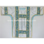 METALLIC SILVER ROMAN DALMATIC VESTMENT WITH DEACON’S STOLE AND MANIPLE
